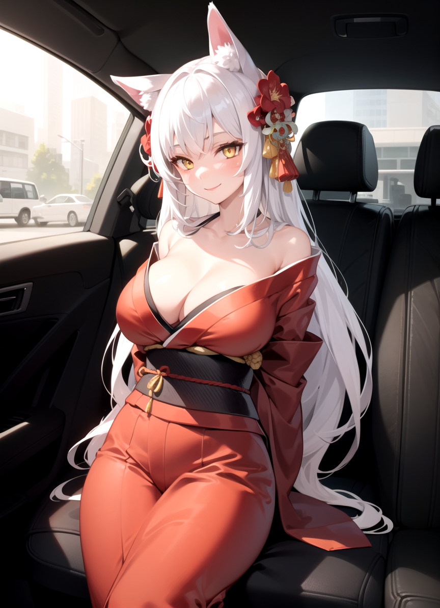 03930-3441877735-1girl, yellow eyes, long hair, white hair, sitting, red kimono, large breasts, light smile, arms behind back, hair ornament, ani.png